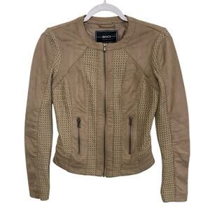 BNCI Blanc Noir Moto Knit Jacket Womens XS Tan Zip Up Front Zip Pockets Slim Fit